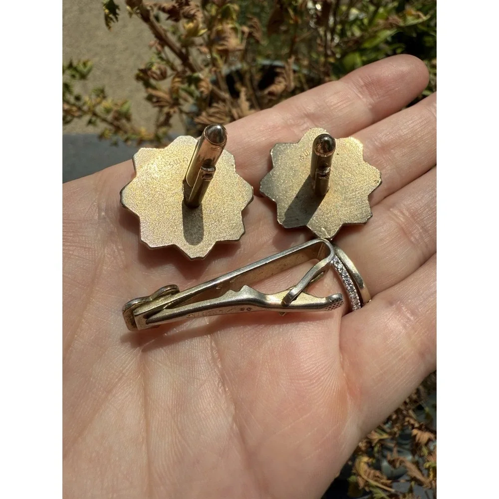 Vintage 1950s Swank Royal Crest Cufflinks & Tie Clip Crown Lion Enamel‎ Brass